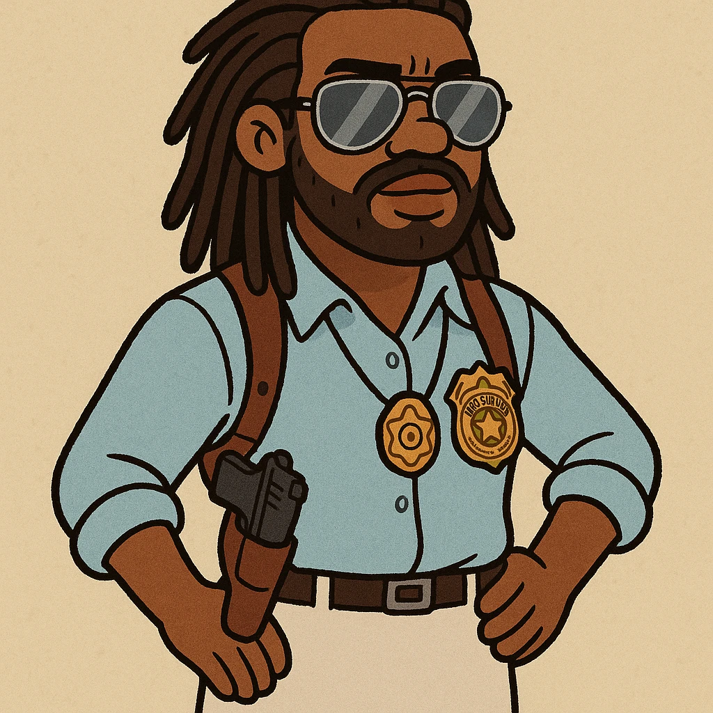Add a detective badge to the male black detective with dreads, aviator sunglasses, white skirt, and shoulder holster in a cartoon style. Maintain the cartoon style and character details as in the reference image. emoji