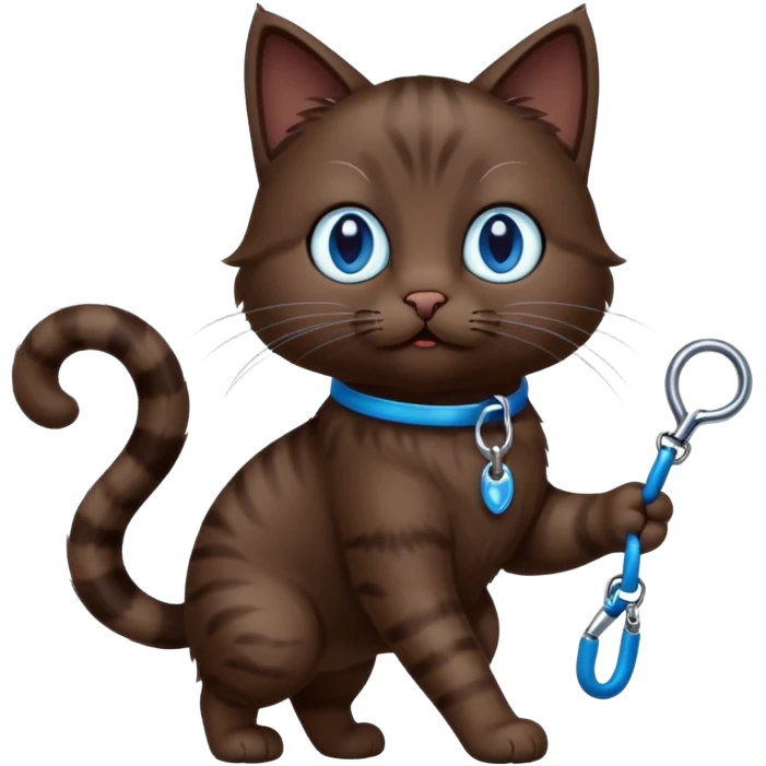 Dark brown cat with blue eyes walking on a leash emoji