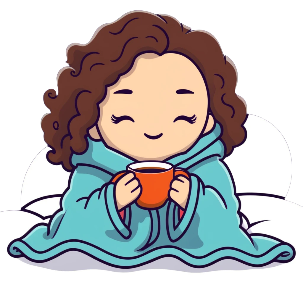 White girl with curly brunette hair inside a blanket sipping coffee with eyes closed, cozy winter morning emoji