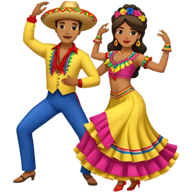 Colombian salsa dancers with colorful traditional outfits, dancing energetically with festive poses emoji