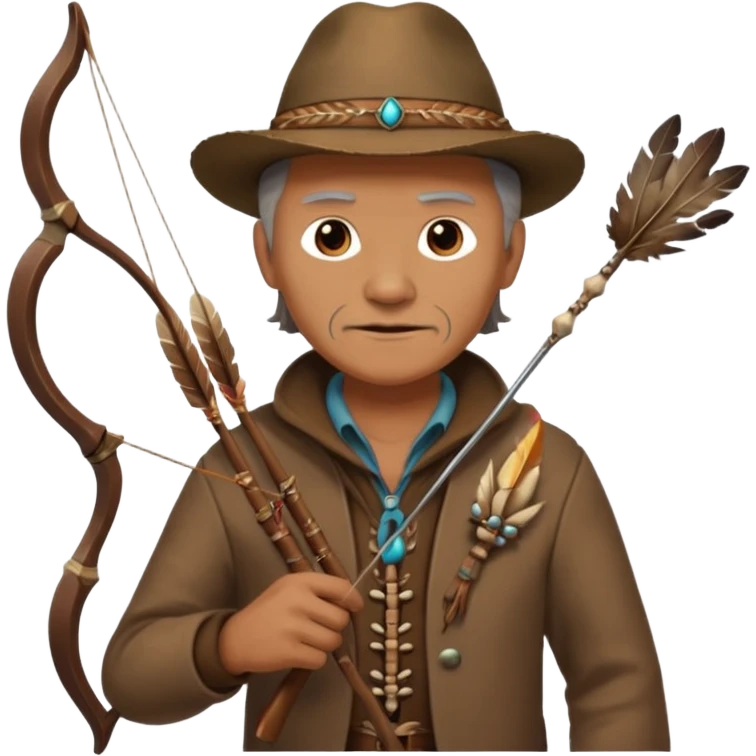 The classic image of a middle-aged uncle hunter carrying a bow, dressed in brown clothes, with some ornaments made of feathers, bones or teeth on his body. emoji