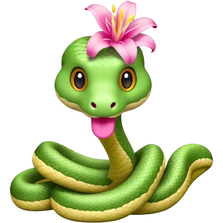 A cute, kind, furry snake doll
with a light green and white body
with a pink lily flower on its head
(no stinger in its mouth) emoji