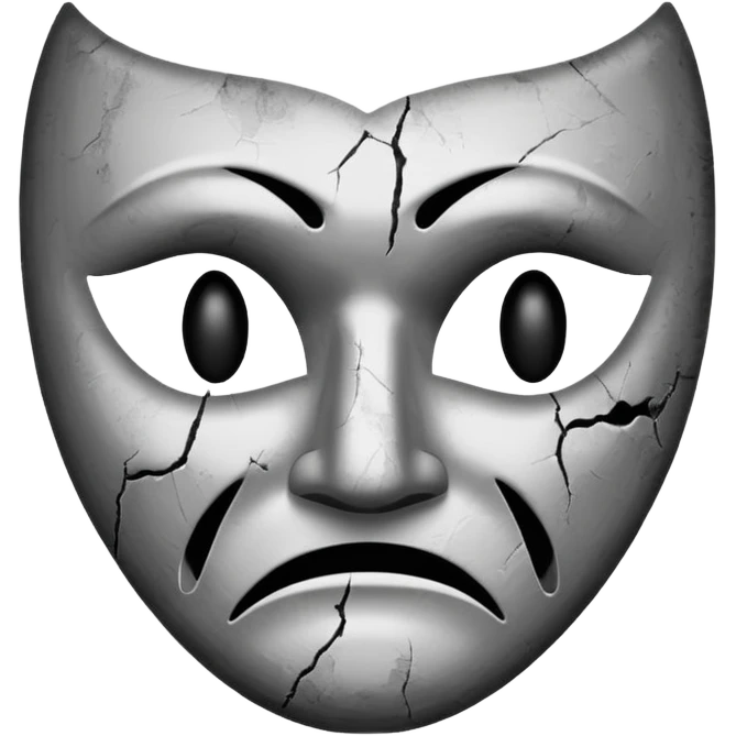 Minimalist emoji-style sticker of a sad theater mask with chipped surface, grayscale tones, one eye empty, slight burn marks

 emoji