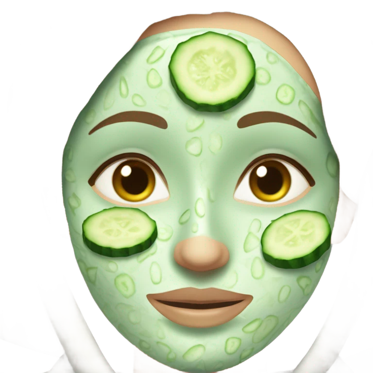 White girl with Brown hair and blue eyes wears a Green clay colored skincare textured mask and puts on cucumbers around her eyes while She relaxes in her white Robe emoji