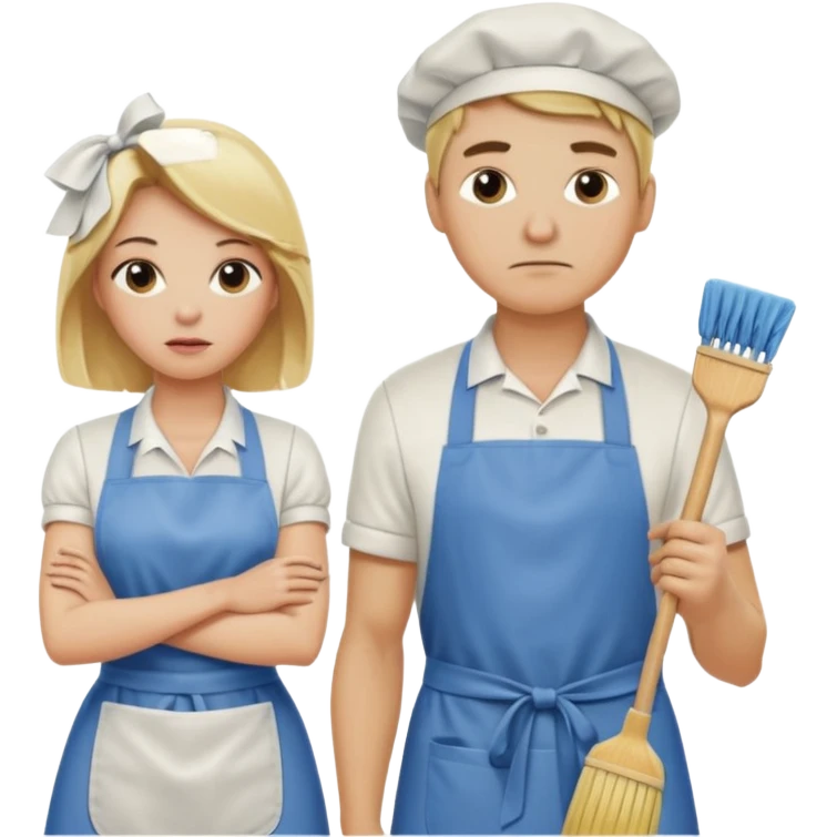 A blonde women cleaning a kitchen while her blonde husband scowls at her emoji