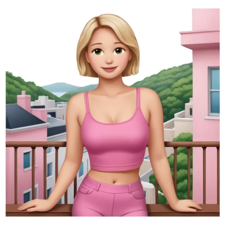 jennifer lawrence, pink crop top leaning on a balcony with a harbor and cityscape in the background, smiling emoji