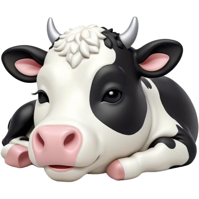 Meme-Worthy Cute Sleeping Black and White Cow Portrait Emoji, Head resting peacefully with a contented smile, showcasing a robust build and a luxuriously soft contrasting coat of black and white, eyes shut in a serene, restful nap, Simplified yet hilariously adorable features, highly detailed, glowing with a soft, drowsy light, high shine, relaxed and utterly lovable, stylized with an air of playful laziness, bright and heartwarming, soft glowing outline, capturing the essence of a comically sleepy cow, so meme-worthy it feels like it could instantly become the next viral sensation of adorable slumber! emoji