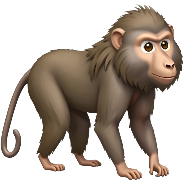 cinematic-hairy baboon-full-body-standing on all fours-emoji,-head-tilted-dramatically,-thick-grey-and-brown-fur,-simplified-yet-realistic-focused-features,-highly-detailed,-glowing-with-an-almost-sarcastic-glow expressive eyes emoji