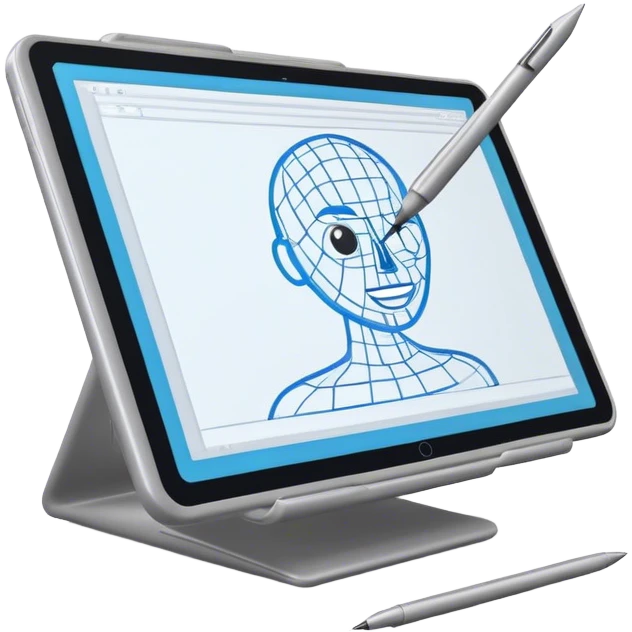 Create an emoji for 3D visualization and modeling. Show wireframe model that pops out from the screen of a large graphic tablet with a stylus drawing in a 3D modeling program. Use modern, professional colors. Do not include any emojis or smiley faces. Make the background transparent. emoji
