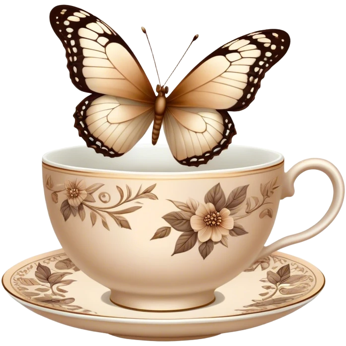 A delicate butterfly with pastel beige  wings, resting on the edge of a perl porcelain teacup adorned with intricate brown floral patterns. emoji