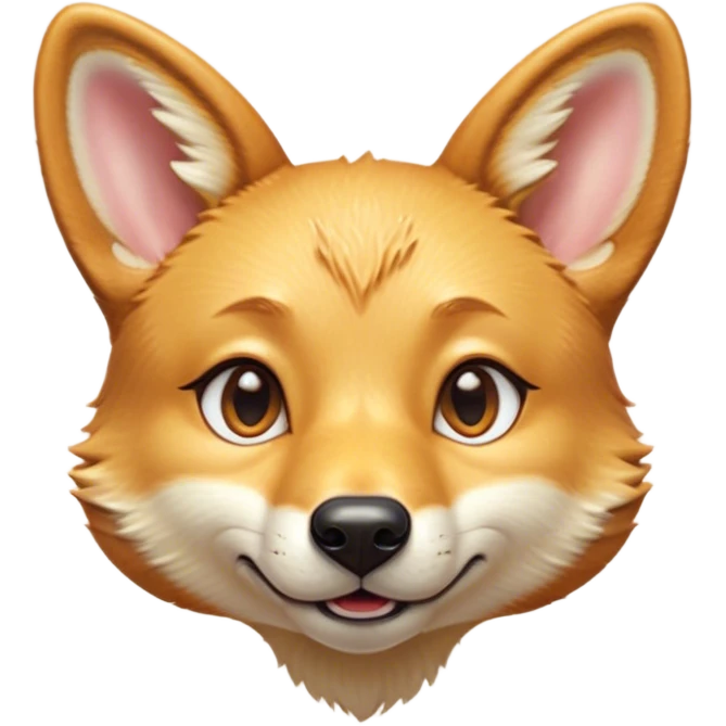 Cinematic Cute Dingo Portrait Emoji, Head tilted playfully and inquisitively, featuring a glossy sandy fur with naturally perky ears and round, sparkling amber eyes filled with curious mischief, Simplified yet irresistibly adorable features, highly detailed, glowing with a warm, friendly glow, high shine, affectionate and spirited, stylized with a touch of outback whimsy, bright and endearing, soft glowing outline, capturing the essence of a mischievous yet loving dingo, so playful it feels like it could bound out of the screen into your arms! emoji