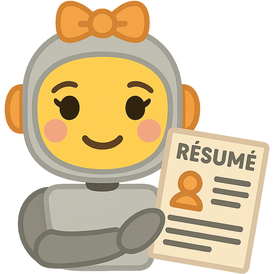 Create an image of a recruiter robot emoji that is even cuter and more feminine, in an apple style, flat and smiling, holding a resume. The background should be transparent. emoji