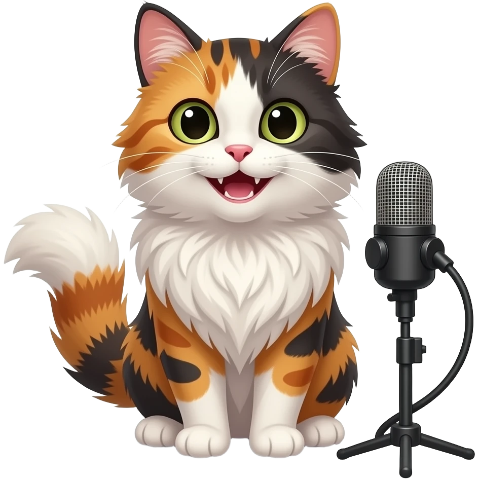 smiling extremely long-haired calico cat podcaster emoji