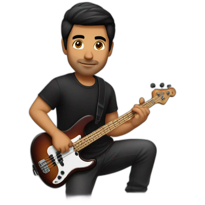Punjabi, man, very strong, short black hair, wearing black shirt, playing electric bass emoji