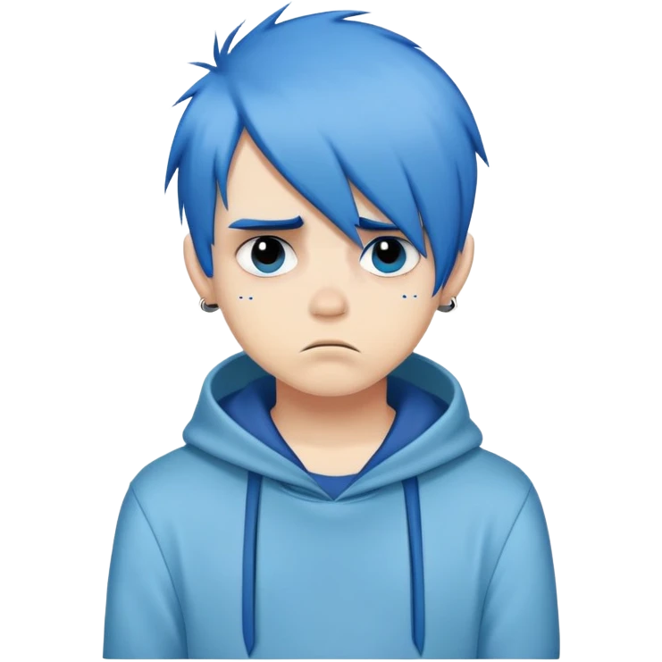 an emo boy with blue hair and emo haircut hiding one eye, his expression is bored and blase emoji
