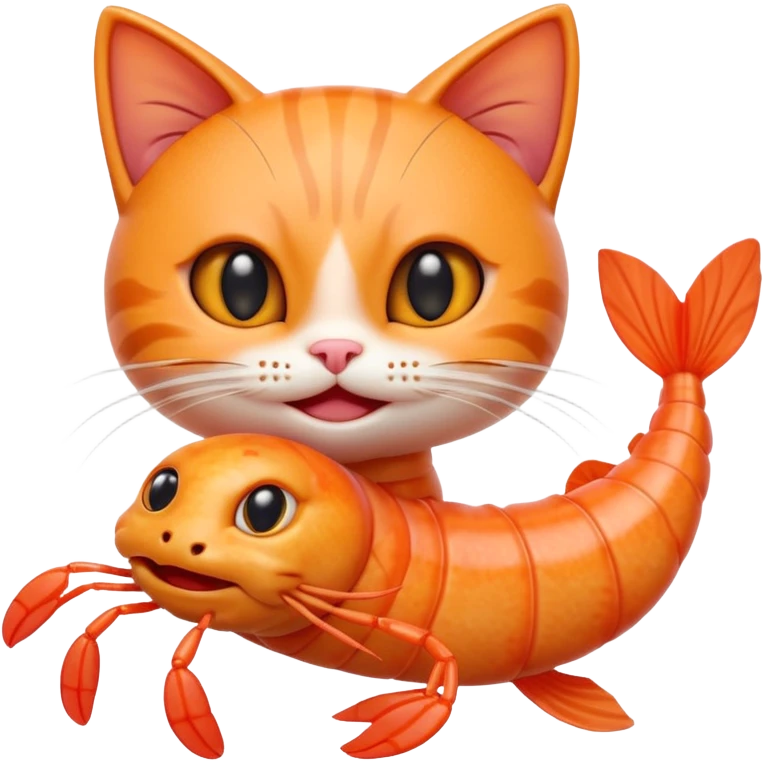 A cute 3D hybrid creature combining a cat and a shrimp, with a cat’s head and a shrimp’s body, bright orange tones, big expressive eyes, smiling face, cartoon style, soft lighting, smooth textures, emoji-like design, high-quality digital illustration. emoji