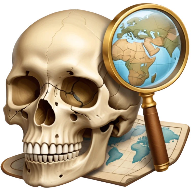 An icon featuring a human skull and fossils, representing anthropology. The design includes a magnifying glass and a map of ancient human migration paths, symbolizing the study of human evolution and cultures. Transparent background highlights the scientific exploration of humanity’s past. emoji