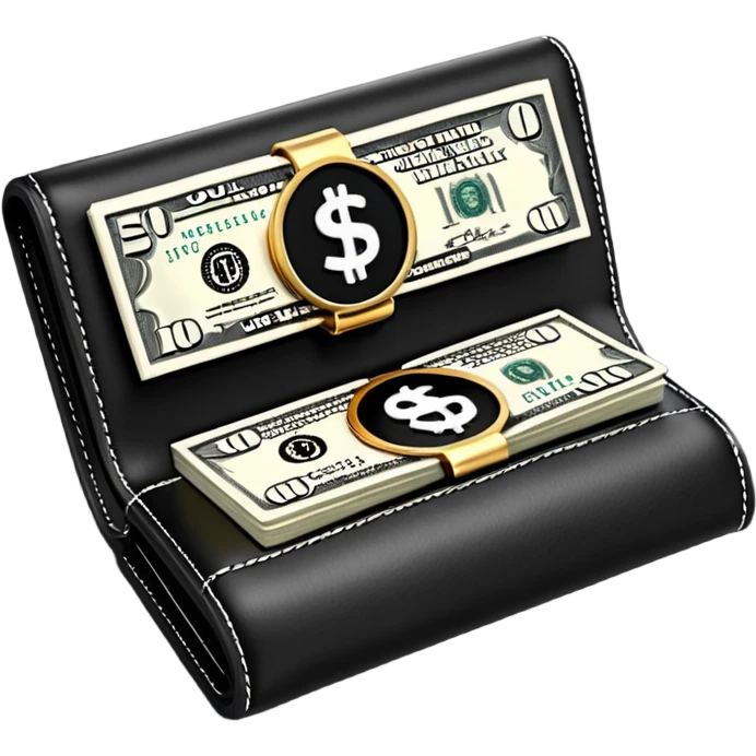 Rich emoji style black leather wallet with dollar bills, luxury money vibe, premium 3D emoji, ultra clean, high detail, no background
 emoji