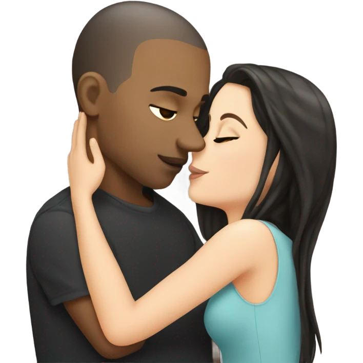 White girl dark hair kissing bald black man emoji