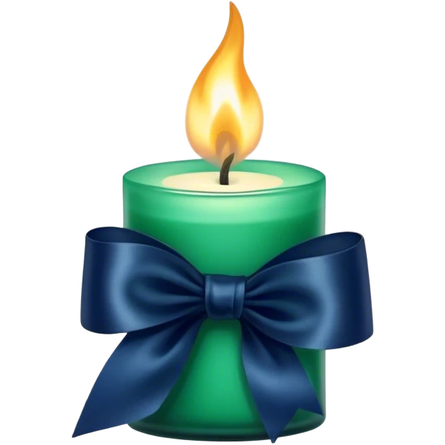 A charmingly arranged composition of a glass candle in a rich emerald shade, placed next to a carefully folded navy blue ribbon. emoji