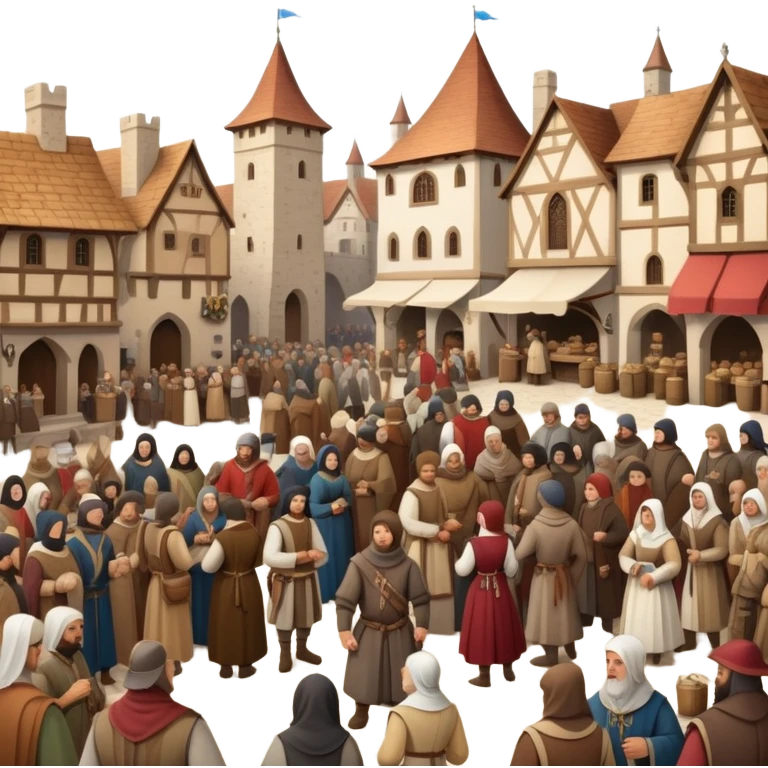 Medieval town crowd scene with many people together, mix of wealthy merchants and common townspeople gathered in a marketplace emoji