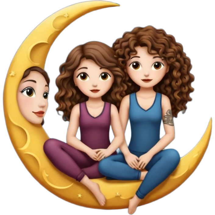 moon bench — long wavy brown hair tattooed woman and short tight curly brown hair woman — sitting on crescent moon emoji