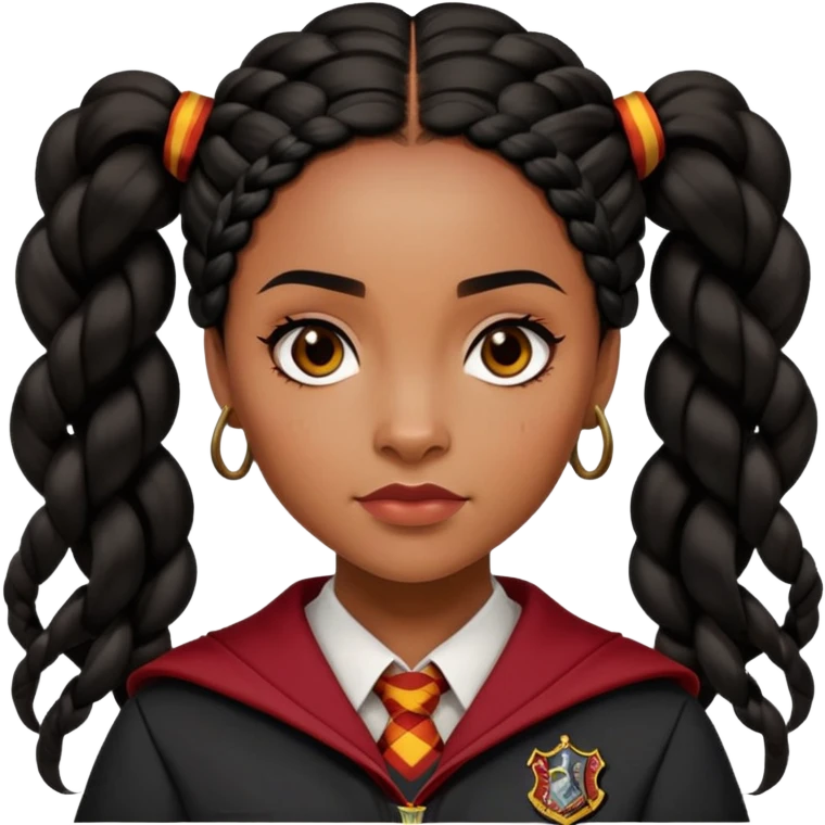 Angelina Johnson in harry potter, wear hogwarts gryfindor uniform,  thick, black hair worn in braids, reflecting her bold, stylish, and strong personality emoji