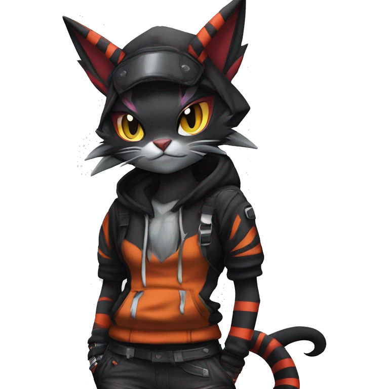 Cool Anthro Noivern-Litten-BatCat-Pokémon with edgy stripes hoodie spiked collar punk techwear Cargo Pants Full Body emoji