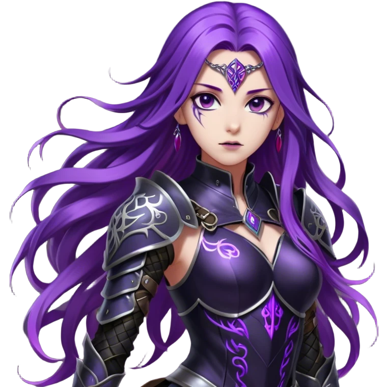 A mysterious warrior girl with long, flowing purple hair cascading down her back, strands catching the dim light like silk. Her piercing violet eyes glow. She wears sleek black armor, a perfect fusion of elegance and lethality, adorned with intricate silver engravings resembling ancient runes.  emoji