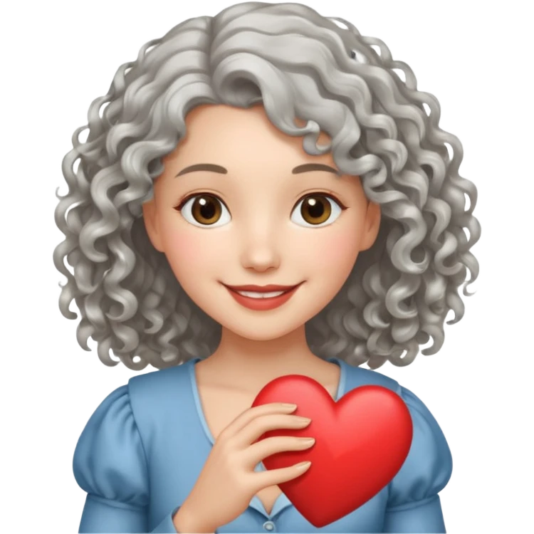 silvery curly/wavy shoulder-length hair smiling lady holding a heart thinner hair emoji