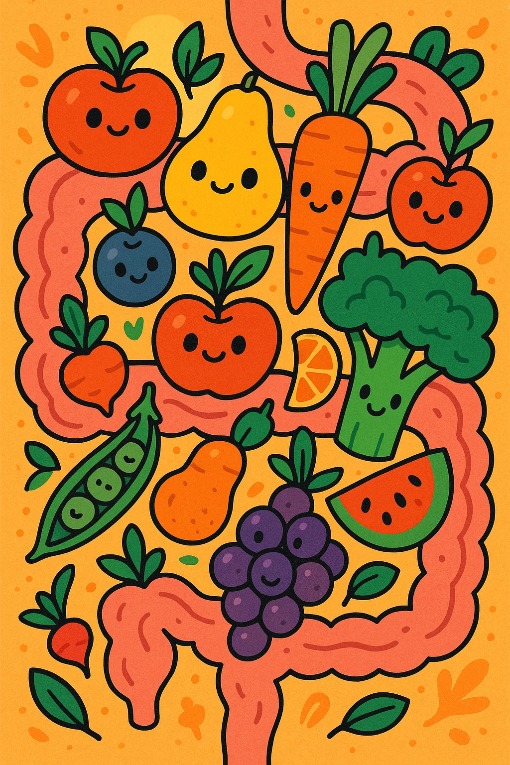 intestines filled with fruit and vegetables, detailed, colorful, whimsical style emoji