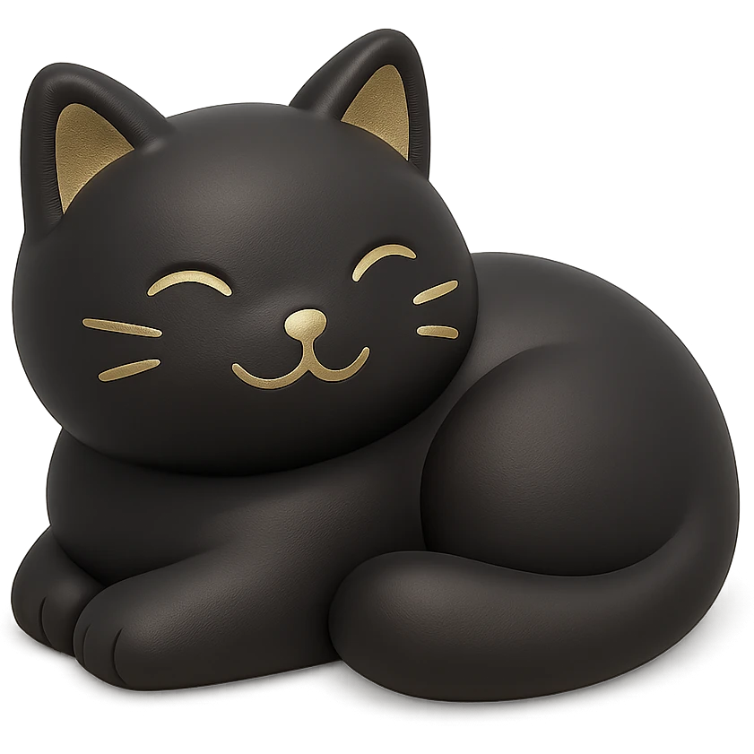 smiling cat, curled up, shiny black finish, 3D black style emoji