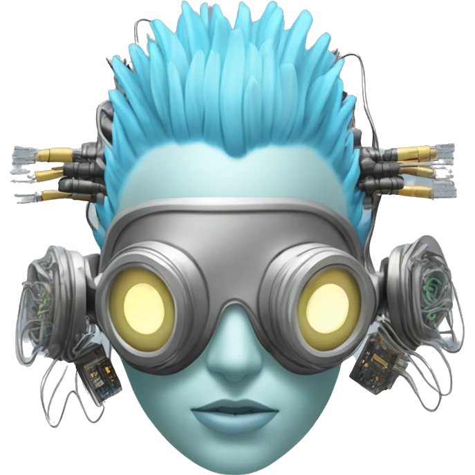 Light blue Mohawk female cyborg head with silver respirator mask and circuits emoji