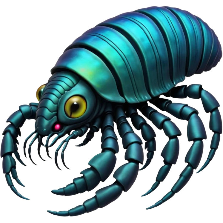 An iridescent, chitinous trilobite with glowing cyan eyes pulses rhythmically as a miniature black hole orbits its brow, distorting space-time. Its fractal-patterned exoskeleton shifts colors unsettlingly, and its mouth opens into a spiraling void that hums with forgotten whispers. emoji