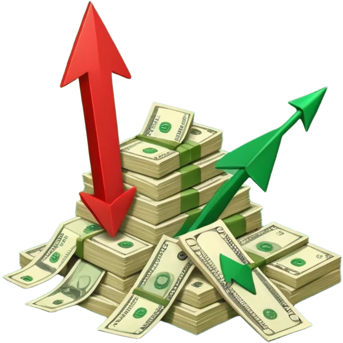 a pile of money infront of strategy paper with one red arrow up emoji