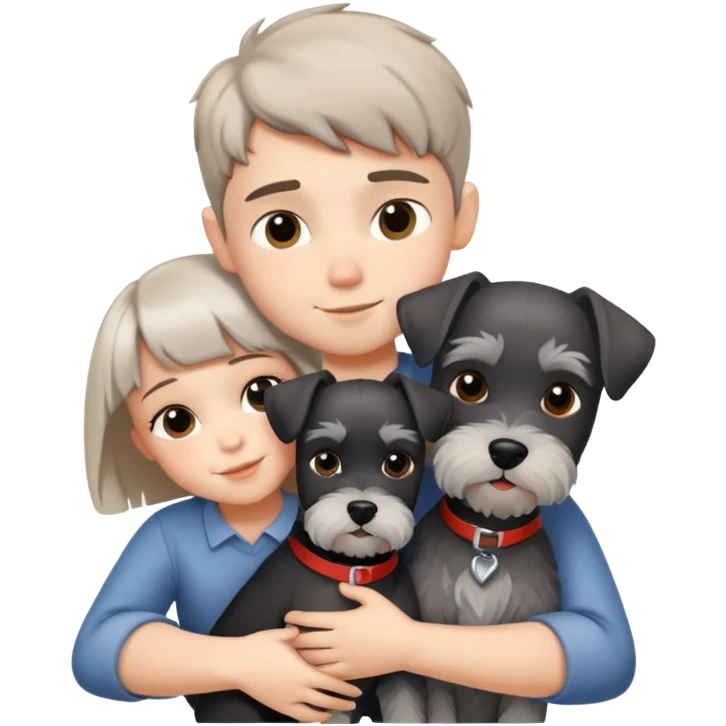 a boy and a shorthair girl hugs a Schnauzer emoji