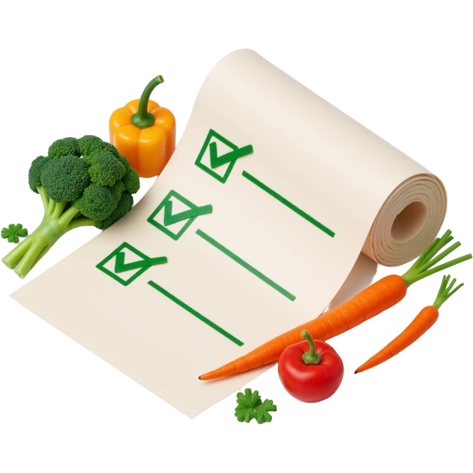 floating rolled paper list with green checkboxes and around vegetables emoji