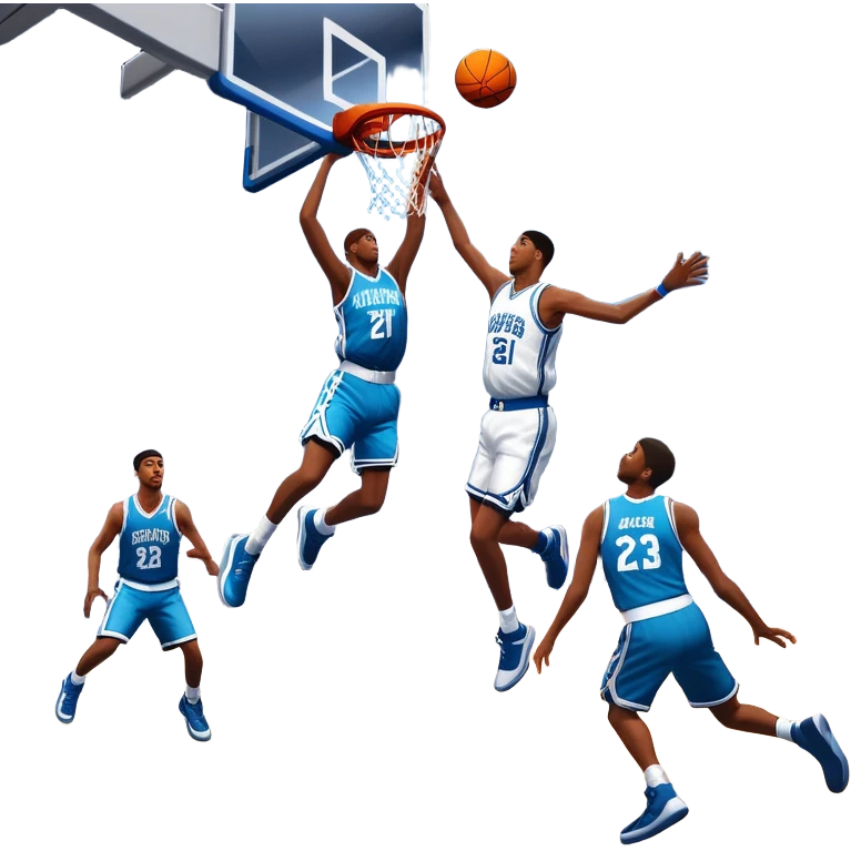 An icon featuring a basketball court with players in action, inspired by NBA 2K25. A player jumps for a dunk, with the ball mid-air. Bright lights illuminate the court, symbolizing the excitement of sports simulation games. Transparent background emphasizes the energy. emoji