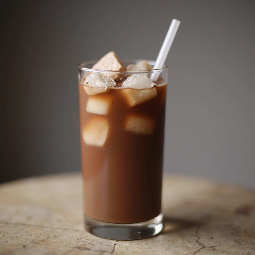 realistic iced chocolate drink in a tall glass with ice cubes and a straw emoji