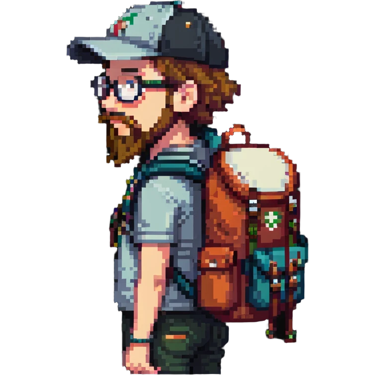 adventurer with goatee beard (no beard on cheeks), short hair, glasses, backwards baseball cap and backpack emoji