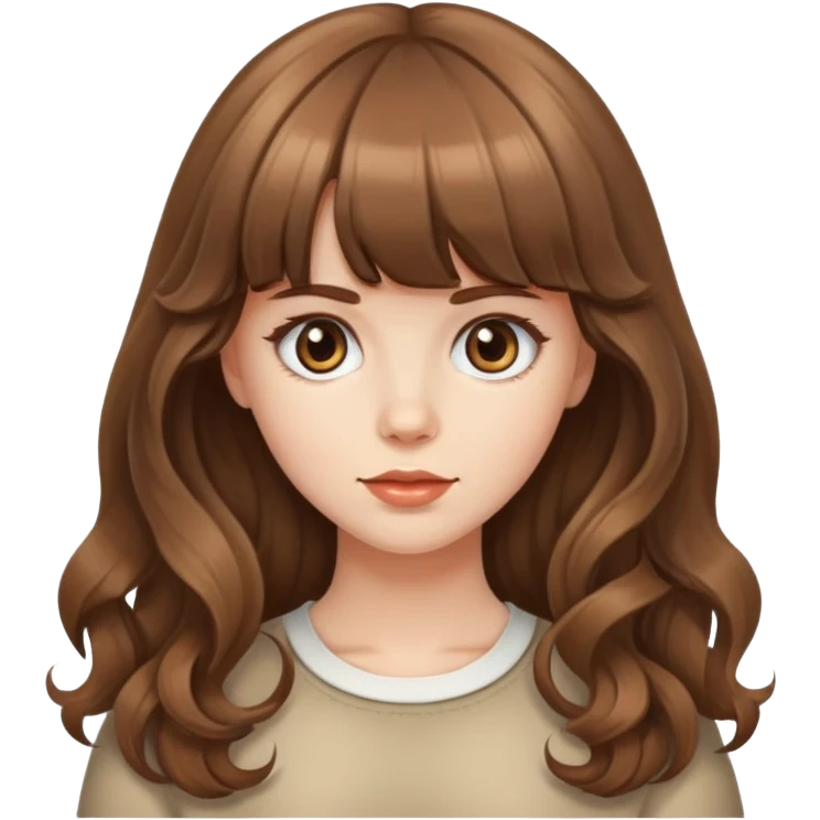 Caucasian girl with brown blunt bangs and big wavy hair emoji