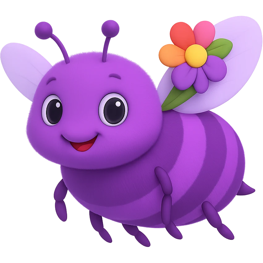 A 3D emoji of a purple bee, facing forward, with a slight smile, vibrant purple and black stripes, transparent wings, and a small flower on its back. emoji
