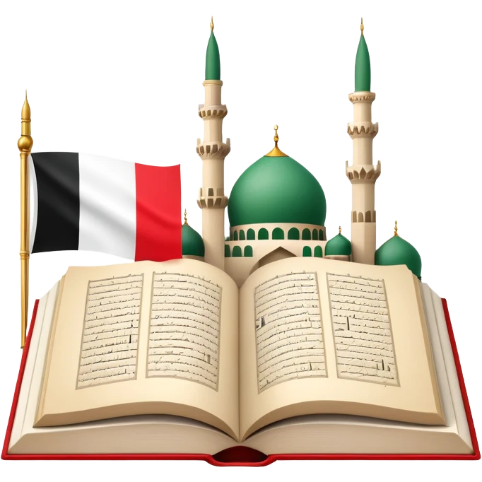 An icon featuring the mosque and the flag of United Arab Emirates, symbolizing the Arabic language. The design includes an open book with Arabic script and calligraphy, representing language learning and cultural heritage. Transparent background emoji
