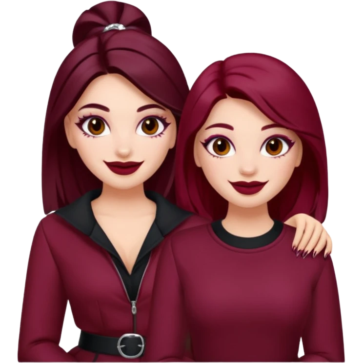 Boujy baddie best friends, fair skin, trendy heavy makeup, burgundy clothes emoji