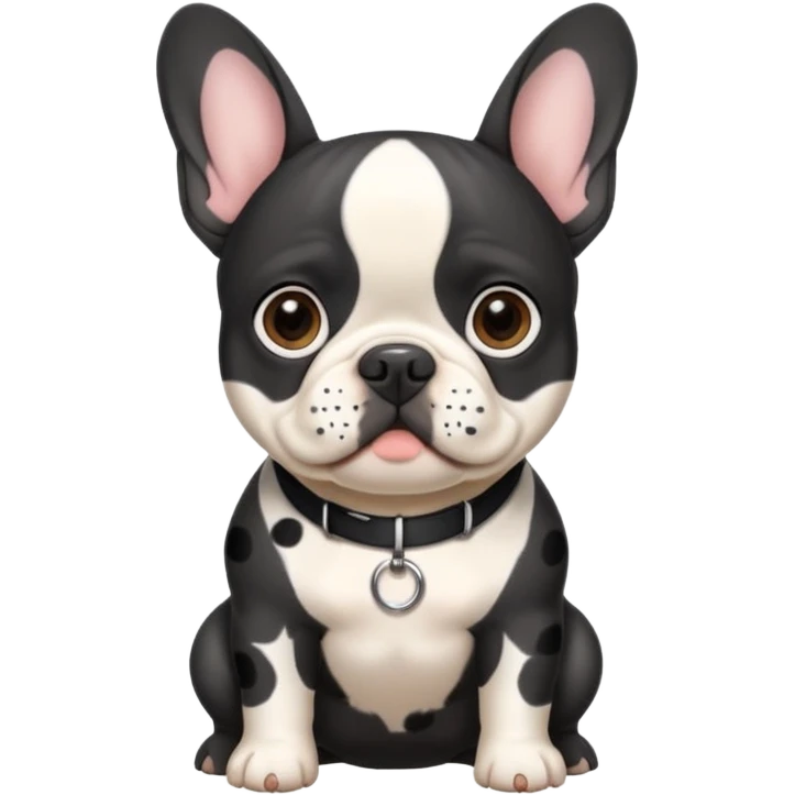 French bull dog all black face and white body with black spots on it with a collar that says Lilo emoji