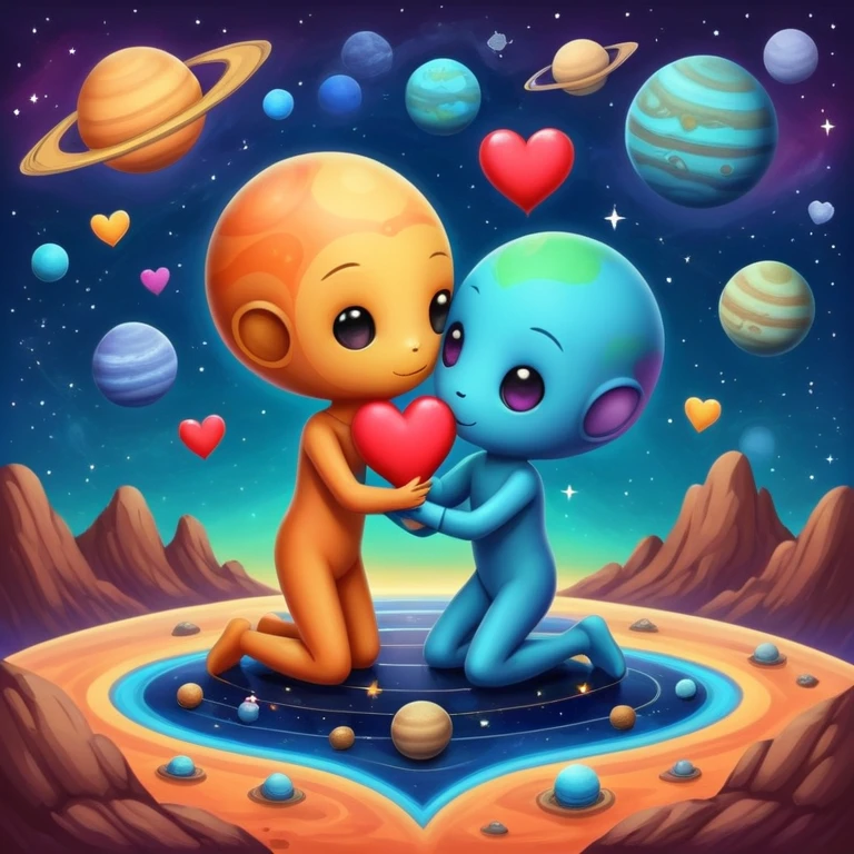 Cute cosmic scene with heart planets and small alien couples kissing and hugging on the planets, colorful solar system emoji