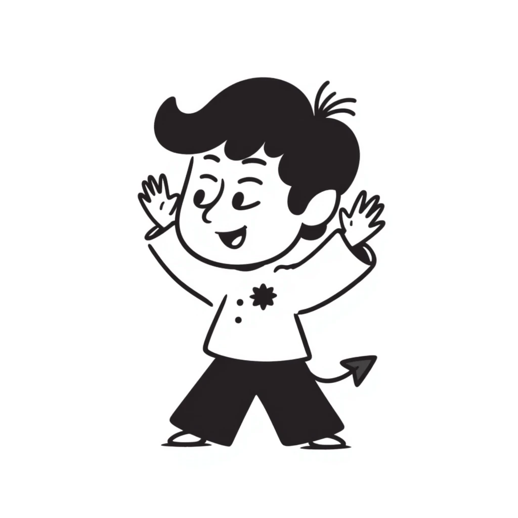 sketched chibi demon with oversized head, tiny fangs, and cute little wings in a playful pose emoji