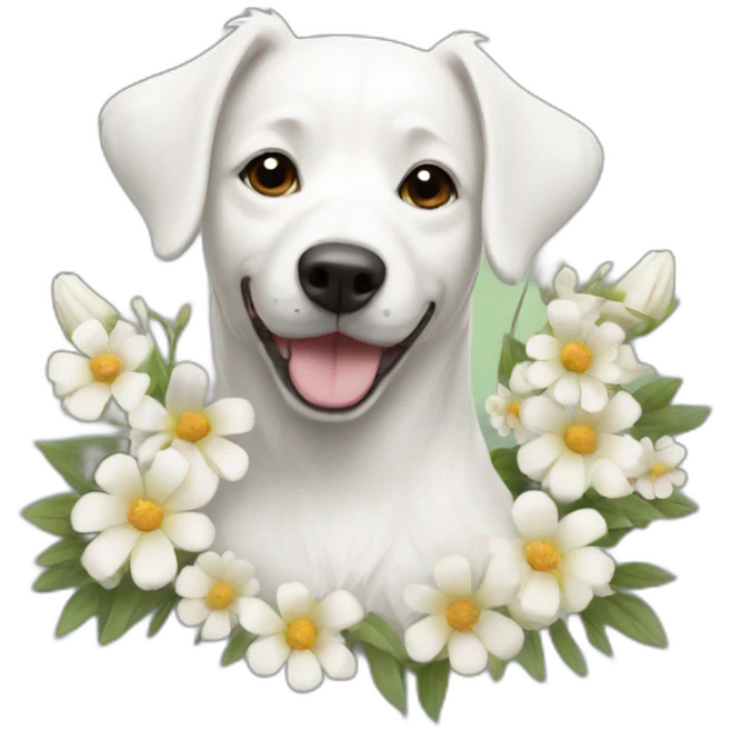 White dog holding flowers emoji
