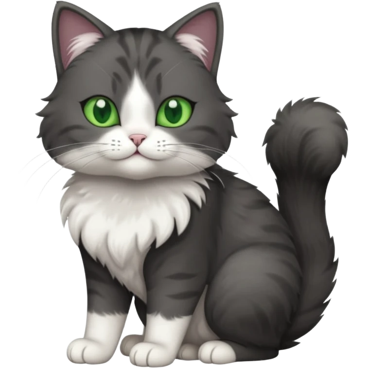 full body view of beautiful female solid dark grey cat with green eyes, white toes and white patch on chest emoji