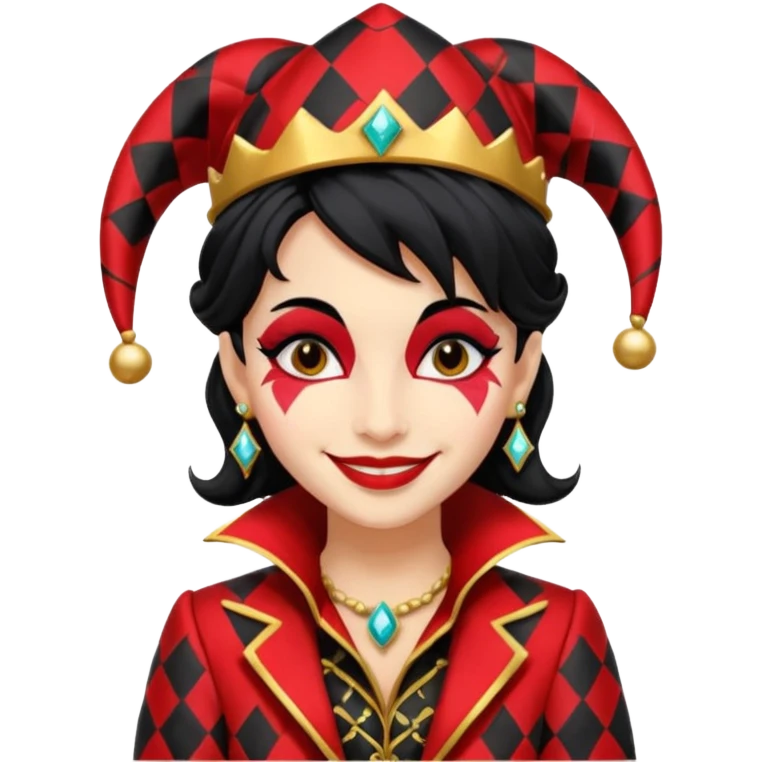 Jester woman, black and red suit, black hair emoji